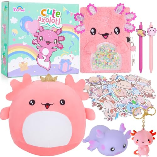 Regali Axolotl per bambine dai 5 ai 12 anni, peluche Axolotl con diario segreto, serratura e chiavi, penna, adesivi, portachiavi, regali di compleanno per bambini, simpatico set di diari Axolotl