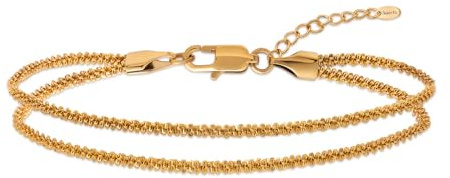 Amberta Silver Gold Waterproof Ankle Bracelets for Women | Boho Layered Anklets for Women | Summer Jewellery, Adjustable Ankle Chain Beaded Rope Heart: 3 mm Gold Popcorn Double Chain