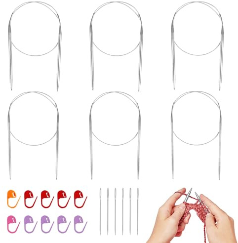 40cm Circular Knitting Needles, 6PCS 2.5mm, 3mm, 3.5mm, 4mm, 4.5mm and 5mm Round Short Circle Needle with 10 Mark Buckles, Stainless Steel Circle Knitting Needles Set for Socks, Hats, Sweater