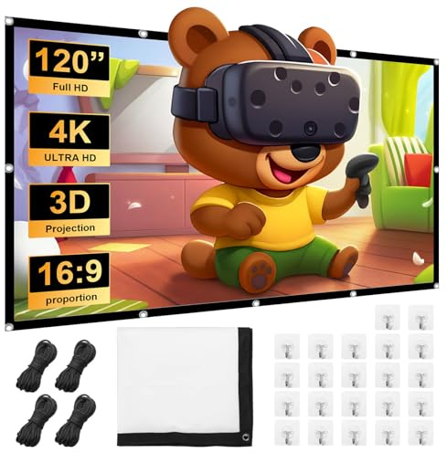 Druuzyl Écran de Projection Portable Pliable Extérieur 120 Pouces, 16:9 Full HD Ecran Videoprojecteur Mural avec Crochets et Cordes de Suspension Adapté pour Le Cinéma Maison et Le Camping