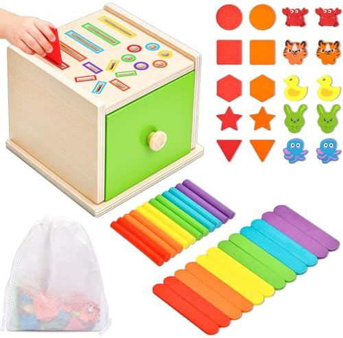 Juguetes Montessori 3 en 1 para Niños 1-3 Años – Juego de Clasificación de Colores y Formas, Juguete de Madera con Animales y Palitos, Desarrollo Motricidad Fina y Coordinación Ojo-Mano