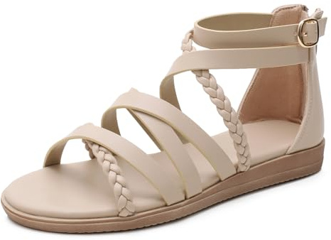 Sandales Gladiateur Femme Plates Multi Brides Tressées Cheville Boucle Fermeture Confortables Légères Été Décontractées