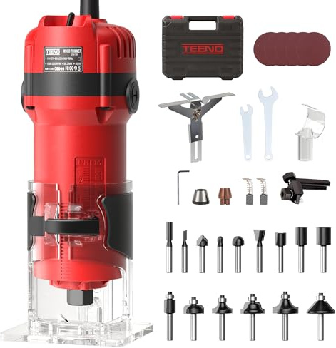 TEENO Fresadora De Madera Rebajadora Eléctrica 800W 15000-32000 RPM Con 32 accesorios, 6 Velocidades Variables, Pinza De Base Fija De 6/6.35 MM, 15 piezas 1/4'' Alicates, Estuche de Transporte
