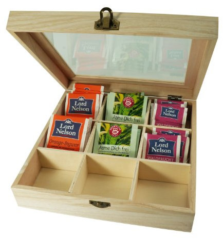 Incutex Aufbewahrungsbox aus Holz, Teebeutelbox, Teekiste, Teebox, Teedose Holz mit 9 Fächern und Sichtfenster