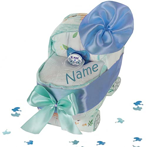 Windeltorte Kinderwagen für Junge blau | Personalisierbar - Lätzchen mit Name / 21-teilig | Windelkinderwagen als Geschenk zur Geburt, Babyparty & Baby Shower