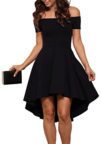 Sarin Mathews Women Off The Shoulder Short Sleeve High Low Cocktail Skater Dress Black S
