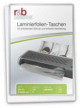 R&B 100 Stück PREMIUM Qualitäts Heiß-Laminierfolien in 2x 125 MIC aus BESTER Verarbeitung A4 (216 x 303 mm) OHNE WASSERZEICHEN - Für Dokumente, Fotos oder Karten – Wasserfest, unzerreißbar in Glänzend