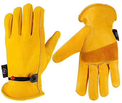 Kim Yuan Leder-Arbeitshandschuhe, genarbtes Rindsleder, mit Ball- und Band-Handgelenks-Verschluss, für Gartenarbeit, Hofarbeit, Bauernhof, Lager, BAU, Motorrad, Damen und Herren, gelb