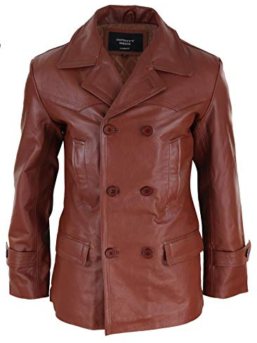 Infinity Abrigo de 3/4 Clasico Sherlock Marinero de Cuero Real para Hombre Marron