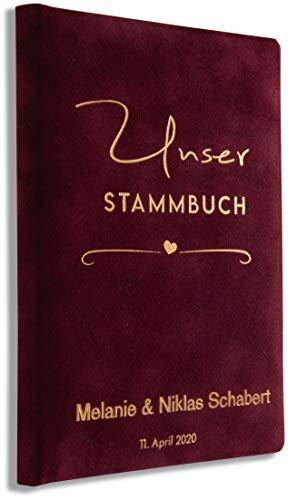 Stammbuch personalisiert Bordeaux Samt Trauung Standesamt und Kirche, Qualitätsprägung von Hand, P-008-2, 2 Zeilen