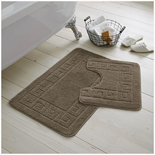 GC GAVENO CAVAILIA Ultra Plush 2 Piece Greek Bath Mat Anti Slip Pedestal Set, Extra Absorbent 100% Polypropylene Bathroom Toilet Rug, Regular (50x80, 50x40 cm), Mocha