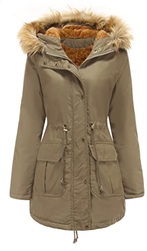 Vagbalena Cappotto Donna Invernale Imbottito in Lana d'Agnello Caldo Cappotto di Pelliccia Parka Cappuccio Giacca Donna Invernale Giacca a Vento Impermeabile Antivento Parka con Cappuccio (Khaki,M)