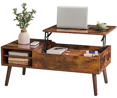 IBUYKE Couchtisch, Couchtisch Höhenverstellbar, Platte Kaffeetisch, Ausziehbarer Wohnzimmertisch, Separates Verstecktes Ablagefach, für Wohnzimmer, Büro, Vintage Braun WCT001H