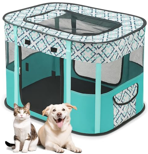 ALLSOPETS Parc pour Chien Pliable, Enclos Portable pour Chiot Chat Lapin, Tente Respirante d’Intérieur/Extérieur avec Sac de Transport, Idéal pour Voyage et Camping (Carreaux Verts, M)