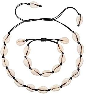 WEIESCIE Set de 2 Bracelet et Collier de Coquillages, Réglable, Convient pour les plages et fêtes d'été