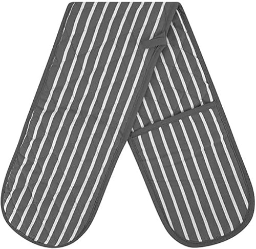 MOLLY MALOU Butcher Stripe Double Oven Gloves Quilted Heavy Duty Cooking Potholder Heat Resistant Mitt 18x90cm (Grey)