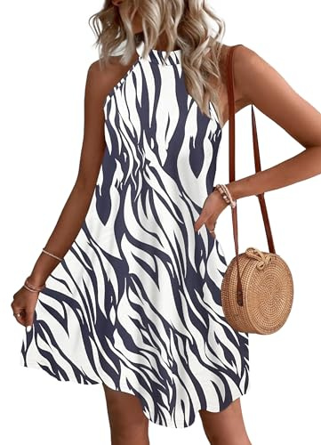 WNEEDU Abito Donna Estivo Vestito Spiaggia Senza Maniche Abito Cort Casual Collo Sospeso Copricostume con Tasche Foglia Blu Navy XL