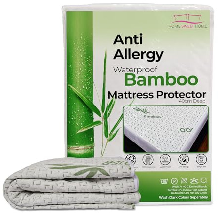 Home Sweet Home UK Anti-Allergy Luxury Bamboo Mattress Protector Waterproof Double 40CM Deep Pocket Fitted Mattress Cover Double