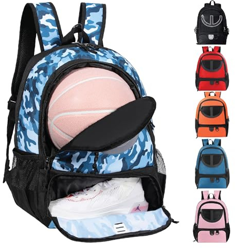 Basketball Bag Backpack for Women Men with Ball & Shoes Compartment 30L Capacity Lightweight Breathable Boys Girls Soccer Ball Bag Backpack Fit Volleyball Football Sports Travel School Gym Blue Camo