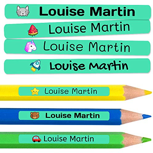 100 etichette adesive personalizzate per matite, penne e pennarelli. Adesivi scolastici con nome per contrassegnare gli oggetti. Adesivi impermeabili per scuola. Misura 4,6 x 0,6 cm