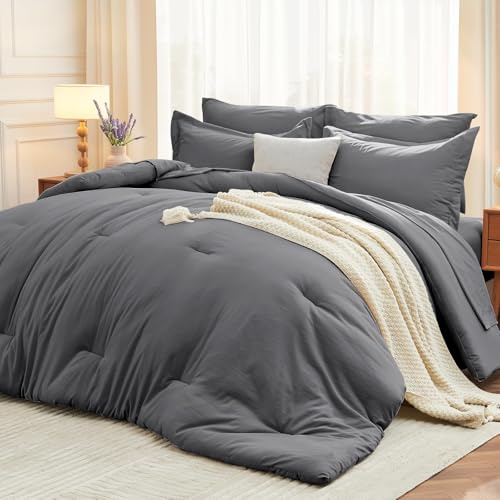 MUXHOMO - Juego de edredón de tamaño King de 7 piezas, cama suave en una bolsa, juego de cama para todas las estaciones con edredón, sábana plana, sábana ajustable, fundas de almohada y fundas