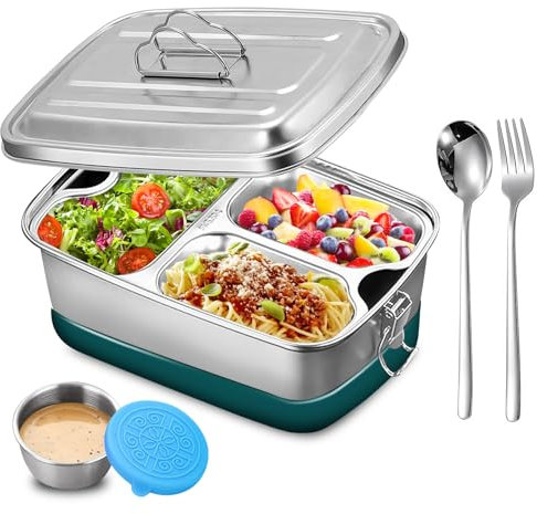 SUNOYA Boîte a Déjeuner En Acier Inoxydable, Anti-Fuite, 2000 Ml, Boîte Bento a 3 Compartiments avec Cuillère Et Fourchette, Hermétique, Sans Bpa, Compatible Lave-Vaisselle