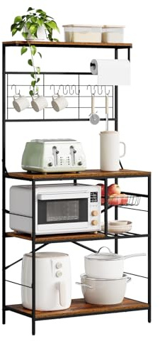 WOLTU Küchenregal mit 4 Ablagen und 10 S-Haken, Bäckerregal mit Küchenpapierhalter & Aufbewahrungskörbe, Mikrowellenhalter für Gewürze, Standregal Küche aus Metall & Holz, Rustikales Braun+Schwarz