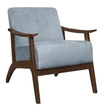 HomeStock Baroque Bliss 32 Inch Accent Armchair Curved Design with Soft Blue Velvet and Brown Wood Frame Featuring Cushioned Seat and Angled Legs