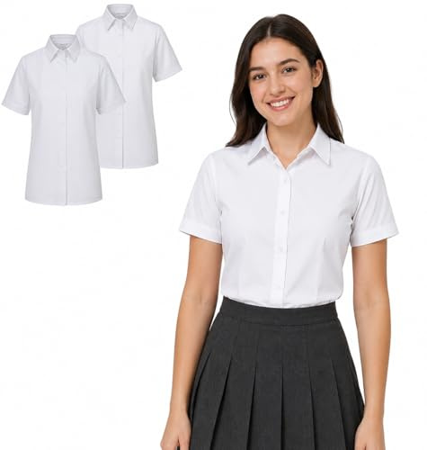 USNA Girls School Blouse, Short Sleeves, Regular Fit, White, 2 Pack, Ages 3-16