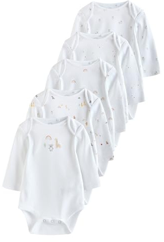 NEXT Unisex Bambino Confezione da 5 body per neonati a maniche lunghe in 100% cotone White Character 3 Mesi