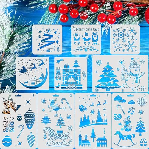 10 Piezas Plantillas Navidad Grande Pequeñas 3 Tallas, FHUZRE Stencil Plantillas Navidad Ventanas Pintar Dibujos Feliz Frases, Plantilla Pintura Manualidades Navideñas Arbol de Navideñas