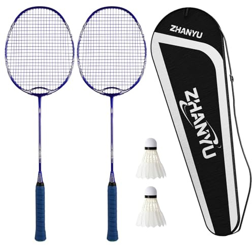 HTGWCCEWM Set di racchette da badminton, set da badminton per cortili, racchetta da badminton a doppio ponte in fibra di carbonio, ultra leggera, con 2 racchette, 2 volani, 1 borsa per il trasporto