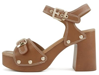 Soda Brave ~ Women Square Toe Studded Platform High Heel Sandal with Buckle Straps (Tan Pu, 7)