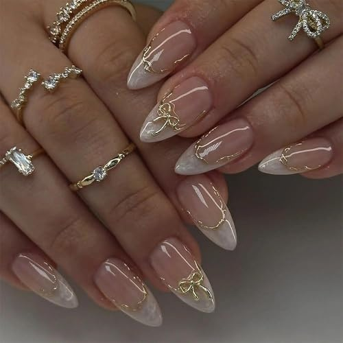 24PCS Almond False Nails, Medium Length White Pearl French Press On Nails with Golden Bow Design, Full Cover Acrylic Fake Nails for Women & Girls, Removable Gift