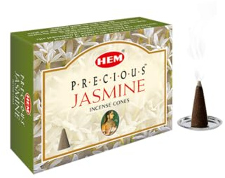 HEM Precious Jasmine Incense Cones – Pack of 12 Boxes (10 Cones Each) | Sweet Floral Aroma for Positivity, Calmness & Freshness | Handcrafted Natural Cones for Meditation, Relaxation & Home Fragrance