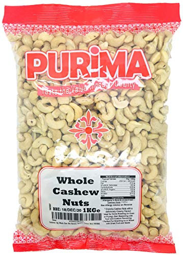 Cashew 1kg - 100% Raw Whole Cashew Nuts 1 kg Bag - Quality Nut - Source of Protein & Fibre - Non-GMO & Vegan PURIMA
