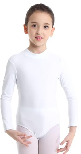 MSemis Kinder Mädchen Ballett Trikot Body Langarm Ballettanzug Gymnastikanzug Turnanzug Ballett Body mit Rollkragen Dancewear Weiß 140-152