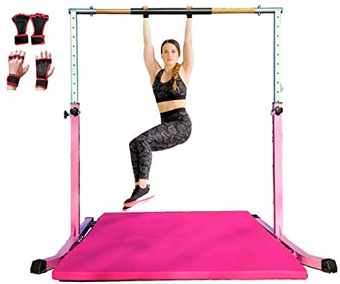 Gymnastic Kip Bar Horizontal Bar Expandable Junior Gymnastics Training - Height Adjustable 3 to 5 FT - w 6'x4' Tumble Mat Asymmetric Bar - Cushioned Fiberglass Bar,HD Curved Legs, Gloves (Pink)
