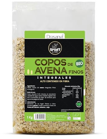 Drasanvi SPORT LIVE Copos de Avena Finos Integrales BIO | Fuente natural de proteínas y Vitaminas del grupo B y E | Alto contenido en Fibra | 1kg