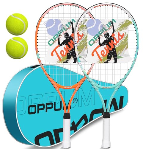 OPPUM 2-Pack Kids Tennis Racket Set, 16 21 23 25 Inch Junior Racquets for Boys Girls, Lightweight Aluminum Starter Kit with Shoulder Bag and 2 Balls