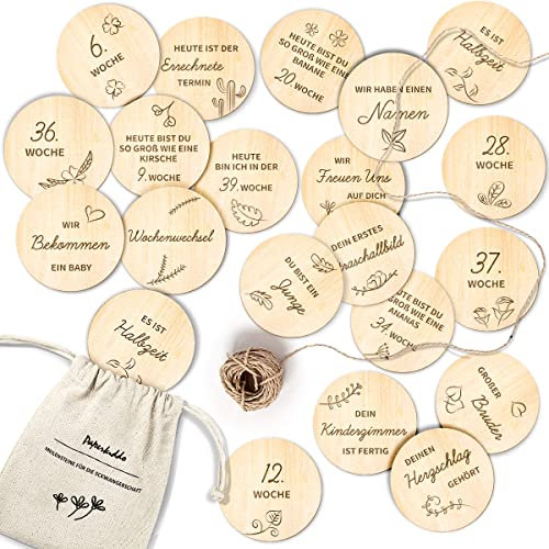 PAPERKIDDO Meilensteinkarten Schwangerschaft,40 Design 20 Stücke Meilensteinkartenset aus Holz Während der Schwangerschaft, als Geschenk für Werdende Eltern und Babys, um Schwangers Chafts Momente