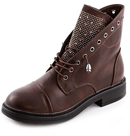 Toocool Bottines Biker Femme Détails Strass Bottes Motardes Simili-Cuir Lacets G621 [39, Marron]