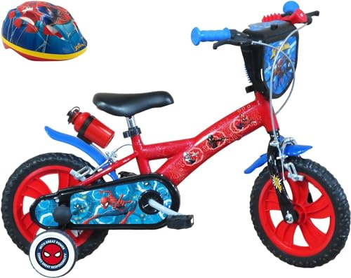 Bicicletta 12'' Spiderman dotata di 2 freni, piastra anteriore decorativa, parafanghi, carter e stabilizzatori. + Casco Spiderman incluso!