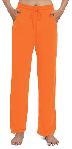EXCHIC Dam vardag stretchiga raka ben byxor med dragsko elastisk midja yogabyxor med fickor, Orange, S