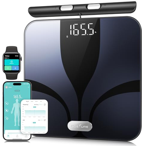 Posture Báscula de Baño Inteligente 8 Electrodos, Báscula Grasa Corporal y Muscular con 28 Indicadores (IMC/Grasa/Proteínas/Músculo) y App Bluetooth, Función de Voz, 180 kg