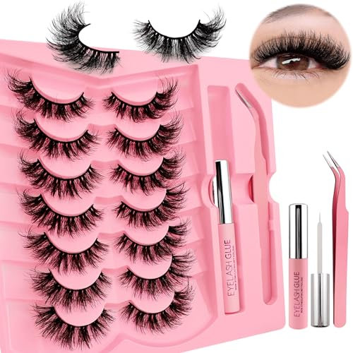 7 paires de faux cils 3D œil de chat avec colle et kit pince à épiler, volume moelleux Curly Cat-Eye Cils artificiels look naturel, réutilisable Faux cils de maquillage(XK05-Kit)