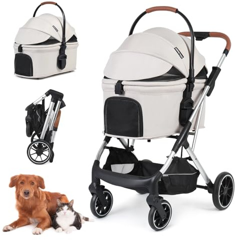 Beberoad T6 Pet Stroller Dog Pram for Medium Dogs Under 66lbs or 2 Small Dogs & Cats, 3-in-1 Foldable Pet Pram Dog Pushchair with Mattress and Detachable Carrier, Beige