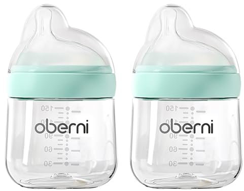 Oberni Baby Bottles with Slow Free Flow Off-Centered Teat for 0+ Months, Anti Colic Newborn Milk Feeding Bottle, 150ml/5oz/Blue/2Pack