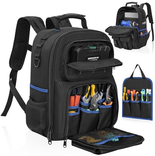 AKOZLIN Borsa porta attrezzi resistente con spalle imbottite e organizer per attrezzi rimovibile, zaino da lavoro impermeabile per elettricisti, idraulici, elettricisti, idraulici