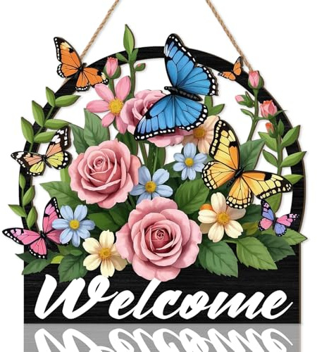 ANHUIB Herzlich Willkommen Schild Willkommensschild Haustür Bunt Blume Schmetterling Willkommensschild Welcome Schild Outdoor Blume Holzschild Plaque Garten Deko Willkommen Türschilder Hängenden Deko